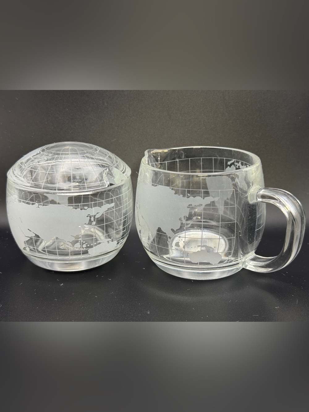 Vintage 1970s Nestle World Globe Etched Glass Creamer & Sugar Bowl with Lid